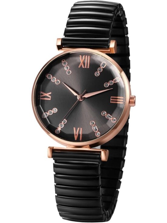 Women\'s All Black Analog Elastic Strap Arabic Numerals Waterproof Wrist Watch main image 6